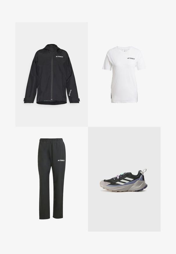 Giacca nera impermeabile con chiusura a zip frontale, cappuccio e polsini regolabili. Presenta accenti del logo bianco e un rivestimento interno texturizzato.; Maglietta sportiva bianca a maniche corte, con pannelli laterali in rete e logo "TERREX" nero sul davanti. Texture liscia, vestibilità regolare.; Pantaloni leggeri neri con elastico in vita. Presentano un discreto logo "TERREX" in bianco. Tessuto morbido e design a gamba dritta.; Scarpa sportiva nera con parte superiore in Gore-Tex, strisce bianche, accenti viola, suola intermedia grigia spessa e suola esterna grigia testurizzata per una migliore aderenza.