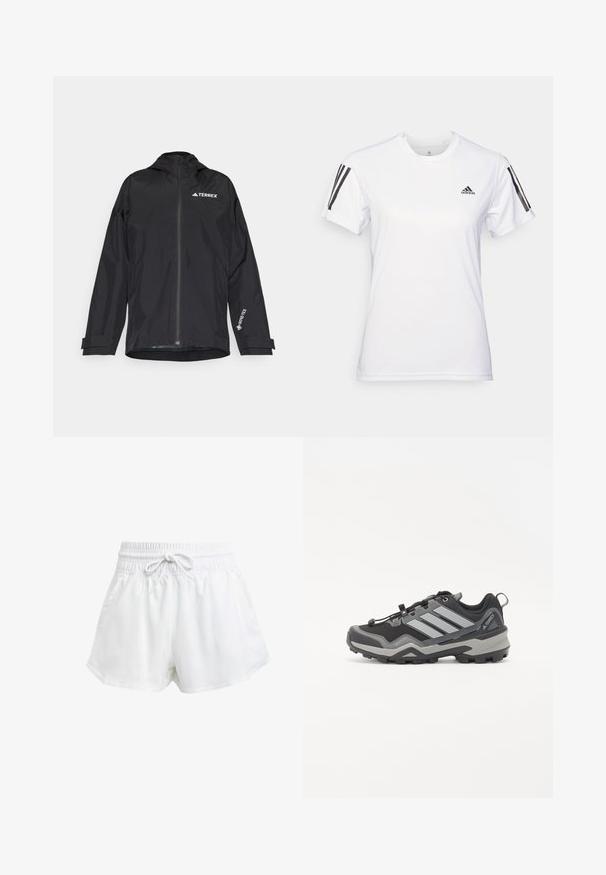 Schwarze wasserdichte Jacke mit einem Reißverschluss vorne, Kapuze und verstellbaren Manschetten. Mit weißen Logoakzenten und einem strukturierten Innenfutter.; Weißes Sport-T-Shirt aus glattem, leichtem Stoff. Mit schwarzen Drei-Streifen-Akzenten auf den Schultern und einem kleinen schwarzen Logo auf der Brust.; Weiße Sportschorts mit elastischem Bund und einstellbarem Kordelzug. Hergestellt aus leichtem Material, mit seitlichen Taschen und lockerer Passform.; Schwarzer und grauer Wanderschuh mit strukturiertem Obermaterial, Gummisohle und drei auffälligen grauen Streifen an der Seite; verfügt über ein schnelles Schnürsystem.