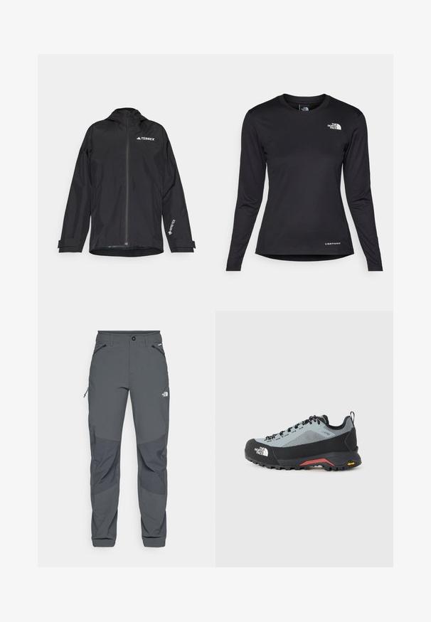 Must värvitud veekindel jope, millel on tõmblukuga esiosa, kapuuts ja reguleeritavad varrukad. Omab valget logoaktsenti ja tekstuurset sisetampi.; The North Face SHADOW LONG SLEEVE - Pikkade varrukatega topp - black; Tumed hallid välistingimustes püksid, millel on tugevdused põlvedel, lukuga külje- ja eesTaskud, nupuga sulgur ning The North Face logo reie peal.; Halluxنون tagasi, xpos, must ja hall matkasaapad Gore-Tex ülemise, tugevdatud varbaga ja Vibram tallaga, mustade paeltega ja kannatussahtliga.
