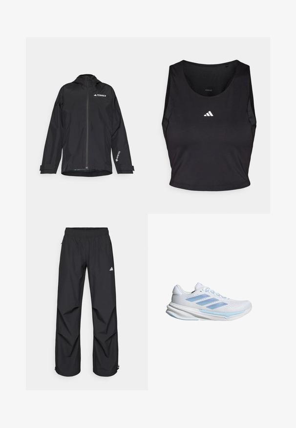 Black waterproof jacket with a zippered front, hood, and adjustable cuffs. Features white logo accents and a textured inner lining.; Black sports crop top made from moisture-wicking fabric, featuring a round neck, sleeveless design, and white logo on the chest.; Black, lightweight, waterproof pants with an elastic waistband, side pockets, and adjustable cuffs. Features a white logo on the left thigh.; White running shoes with light blue accents, breathable mesh upper, three-stripe design, cushioned sole, and textured traction outsole.