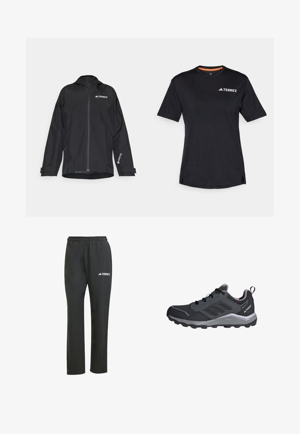 Black waterproof jacket with a zippered front, hood, and adjustable cuffs. Features white logo accents and a textured inner lining.; Black short-sleeve T-shirt with round neckline, featuring a subtle heather texture and white "TERREX" logo on the upper left side.; Black lightweight pants with an elastic waistband. Features a subtle “TERREX” logo in white. Smooth fabric and straight-leg design.; Black athletic shoes with grey accents, synthetic mesh upper, cushioned sole, lacing system, and textured outsole for traction.