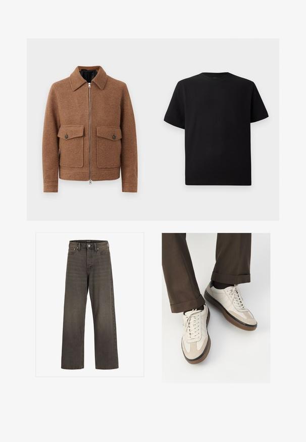Barna gyapjú keverék dzseki galléros nyakkal, elülső cipzárral és két gombos zsebfedéllel. Egyszerű, texturált dizájn.; Fekete, rövid ujjú póló texturált anyagból, kerek nyakkivágással és laza fazonnal. Egyszerű, minta és díszítés nélkül.; Széles lábú farmernadrág sötétszürke denimből, magas derékkal, klasszikus öt zsebes kialakítással és kontrasztos varrással az illesztések mentén.; Beige sportcipők, texturált velúr elülső résszel, sima bőr oldalakkal és barna gumitalppal. Fűzők és világos varrási részletek is megtalálhatók.