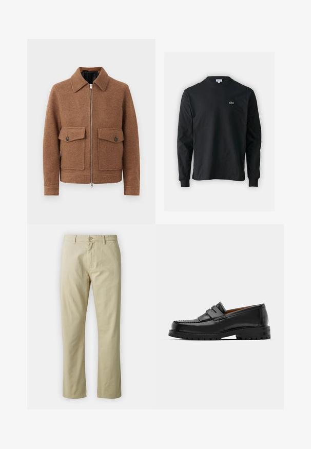 Barna gyapjú keverék dzseki galléros nyakkal, elülső cipzárral és két gombos zsebfedéllel. Egyszerű, texturált dizájn.; Fekete hosszú ujjú pamut póló, kerek nyakkivágással, bal mellen egy kis zöld hímzett krokodil logóval.; Beige színű, egyenes lábú pamut nadrág, elöl gombos záródással és övhurkokkal. Simaság jellemzi, látható minták vagy díszítések nélkül.; Fekete bőr loaferek kiemelkedő varrással, két díszcsíkkal a felső részen és vastag, struktúrált talppal rendelkeznek a jobb tapadás érdekében.