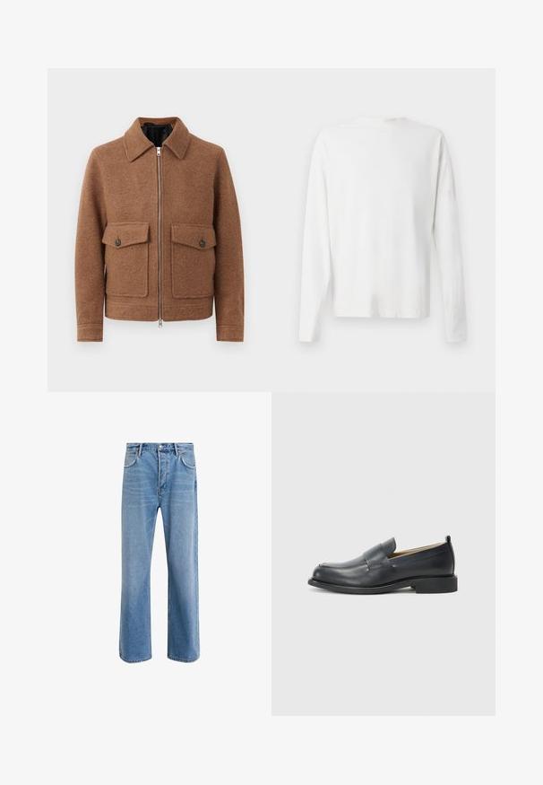 Brown wool blend jacket with a collared neckline, front zipper, and two patch pockets with button closures. Simple, textured design.; Long-sleeved white cotton shirt with a round neckline, side slits at the bottom, and a smooth texture, displayed from the back.; Light blue denim jeans with a straight-leg design, five pockets, button closure, minimal fading, and contrasting stitching details.; Black leather loafers featuring a smooth finish, a flat sole, and a rounded toe with a decorative strap across the upper.