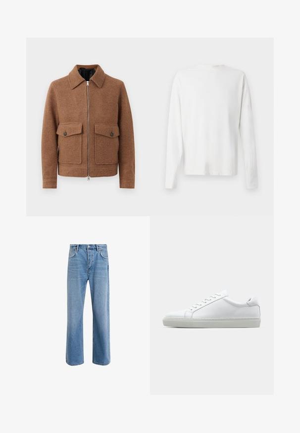 Giacca marrone in misto lana con collo a camicia, zip frontale e due tasche applicate con bottoni. Design semplice e strutturato.; Camicia bianca in cotone a maniche lunghe con scollatura rotonda, spacchi laterali in fondo e una texture liscia, mostrata da dietro.; Jeans in denim blu chiaro con design a gamba dritta, cinque tasche, chiusura con bottone, leggero sbiadimento e dettagli di cucitura a contrasto.; Sneaker bianco con tomaia in pelle liscia e profilo basso. Presenta una punta arrotondata, sei occhielli e una suola in gomma testurizzata.