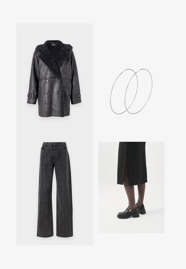 Melna mākslīgās ādas jaka ar teksturētu, pūkainu apkakli un priekšpusi. Iespējamas divas rindu pogas un sānu kabatas. Piedurkņu gali ir regulējami.; Mirdzoša pogkrekliņa krekls gaismas krēmkrāsā. Ir klasiskā apkakle, garas piedurknes un spīdīgās sekvīnas detaļas visā kreklā, lai radītu teksturētu izskatu.; Noisy May NMJANNEL LOOSE - Brīva piegriezuma džinsi - black denim; Melni ādas apavi ar noapaļotu purngalu, biezām bloku papēžiem un elastīgiem sānu akcentiem, apvienoti ar tumšām zeķubiksēm un melnu svārku ar šķirbu.; Sudraba gredzenveida auskari ar minimālistisku dizainu. Cirkulāra forma, gluda tekstūra un plāns profils. Vieglu svaru ar spīdīgu apdari.