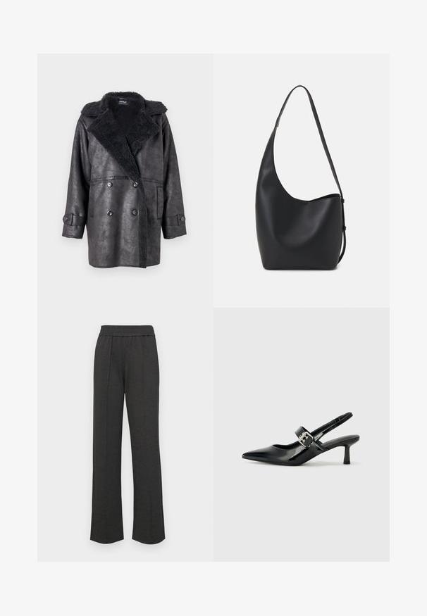 Svart kunstlærjakke med en teksturert, fluffy krage og front. Har dobbelspent knapper og sidelommer. Ermelinningene er justerbare.; Svart bomulls T-skjorte med korte ermer, med en liten rosa sommerfugl grafikk på venstre bryst. Crew-neck design med en avslappet passform.; Svart rette bukser med elastisk liv, frontfolder, myk stoff, og uten synlige mønstre eller maskinvare detaljer.; Svarte patent lær slingback hæler med spiss tå og en liten blokkheel, med en sølvspenne som detalj på stroppen.; Svart lær hobo-veske med glatt tekstur, buet form og enkelt justerbart stropp; har en bred åpning på toppen.