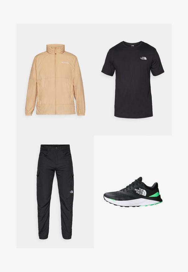 Helle beige Daunenjacke mit hohem Kragen und Frontreißverschluss. Verfügt über ein dezentes Columbia-Logo und elastische Bündchen. Glatte Textur.; Schwarzes T-Shirt mit kurzen Ärmeln aus Baumwolle, mit einem runden Ausschnitt und einem kleinen weißen Logo auf der oberen linken Brust.; The North Face HORIZON PANT - Outdoor-Hose - black; Schwarzer Sportschuh mit einem Mesh-Obermaterial, weißer Zwischensohle, grünen Akzenten und einer strukturierten Gummisohle. Mit Markenlogo an der Seite.