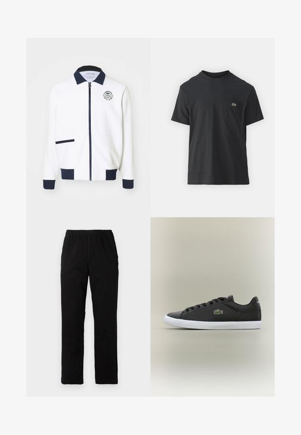 Casaco de fecho éclair branco com colarinho azul-marinho, pormenores em azul-marinho e um logótipo de clube de ténis no peito. Apresenta um pequeno bolso frontal. Tecido texturizado.; Camiseta de algodão preta com mangas curtas, decote redondo e um pequeno logo verde no bolso do peito esquerdo. Design simples, corte regular.; Calças pretas feitas de um tecido de algodão misto, com corte reto, cintura elástica com botão e sem padrões ou detalhes visíveis.; Tênis de couro preto com sola de borracha branca, apresentando um logotipo de crocodilo verde e cadarços redondos, design elegante com textura suave.