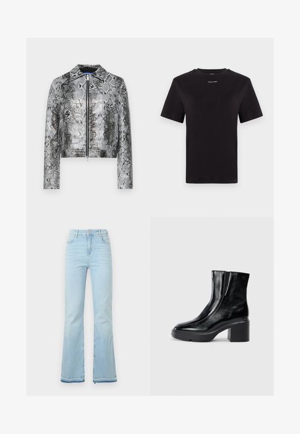 Juodai sidabrinės gy snake odos raštas imituojanti dirbtinė oda, trumpa dizaino striukė su priekiu užtrauktuku ir marškinių apykakle. Ilgos rankovės be matomų metalinių detalių.; Juodas medvilninis marškinėliai trumpomis rankovėmis, apykaklė, su mažu baltu "Calvin Klein" logotipu krūtinėje. Lygus paviršius, klasikinis siluetas.; Šviesiai mėlyni, platėjantys džinsai pagaminti iš denimo, su aukštu juosmeniu, priekinėmis kišenėmis ir nelygiais apačiais, suteikiančiais kasdišką išvaizdą.; Juodi lakiniai auliniai batai iki kulkšnies, su išlenktu pirštu, elastinėmis šoninėmis panelėmis ir masyviu blokuotu kulnu. Apdailoje užpakalinėje dalyje įspaustas logotipas.