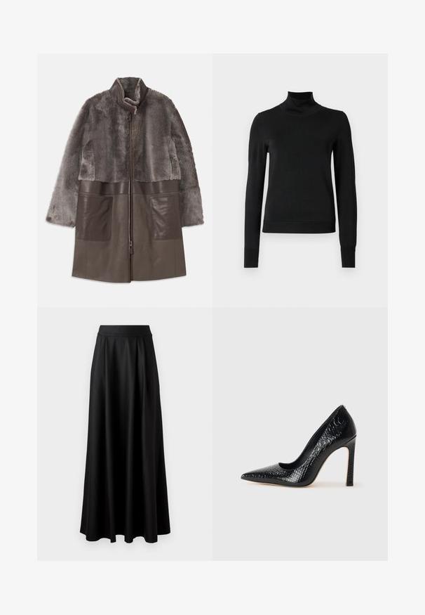 Hnedá umelá kožušina a kožená bunda so zipsovým zapínaním, vysokým golierom a veľkými prednými vreckami. Mäkká textúra a vrstvený design.; Čierny dlhý rukáv rolák s rebrovanými manžetami a lemom, zobrazený na čistej bielej pozadí.; Čierna sukňa až po zem s hladkou textúrou, širokým pásom a plisovaným dizajnom, bez viditeľných vzorov alebo ozdôb.; Čierna lodička s špicatou špičkou a lakovanou textúrou krokodíla, s elegantným dizajnom, vysokým stiletto podpätkom a hladkým čiernym interiérom.
