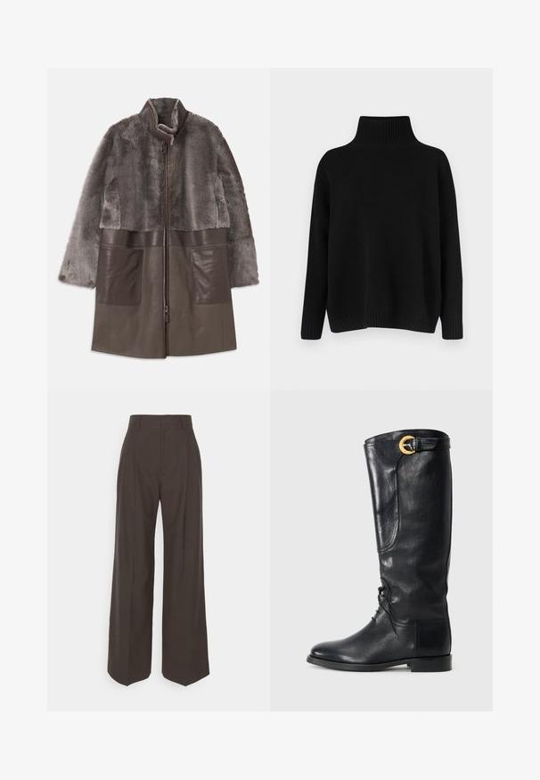Rjava umetna krzna in usnjena jakna z zadrgo, visokim ovratnikom in velikimi sprednjimi žepi. Mehka tekstura in plasten dizajn.; Črni pleteni pulover z visokim rebrastim ovratnikom, spuščenimi rameni in sproščenim krojem. Ima rebraste manšete in spodnji rob za dodatno teksturo.; Temno rjave široke hlače z visokim pasom, ki imajo lepo stisnjene gube, gladko teksturo in krojen fit.; Ženske črne usnjene škornje do kolen, s zaobljenim nosom, spredaj vezane, z bočno dekoracijo in z zlatim okrasnim sponko na vrhu. Gladka površina.