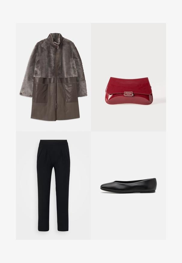Rjava umetna krzna in usnjena jakna z zadrgo, visokim ovratnikom in velikimi sprednjimi žepi. Mehka tekstura in plasten dizajn.; Modra satenska bluza s kratkimi rokavi, kvadratnim dekoltejem in zadrgo na hrbtni strani. Gladka tekstura in nekoliko ohlapen kroj.; Črne široke hlače iz gladkega materiala. Imajo elastičen pas in dva sprednja pregiba. Brez vidnih vzorcev ali dodatkov.; Paul Smith TOPANGA - Balerinke - black; Rdeča lakasta usnjena torbica z ukrivljenim dizajnom, preklopnim pokrovom in kovinskim logotipom na srebrni plaketi. Gladka, sijajna tekstura.