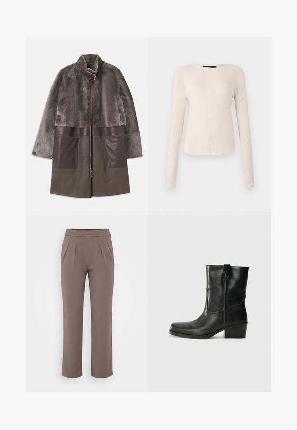 Brūnas mākslīgās kažokādas un ādas jaka ar rāvējslēdzēju, augstu apkakli un lielām priekšējām kabatām. Mīksta tekstūra un slāņota dizaina elementi.; Ilgi piedurkņu, gaiši bēšas krāsas blūze ar apaļu dekoltē. Izgatavota no mīksta auduma, ar centrālo šuvi un nedaudz izliekta apakšmala. Nav redzamu papildus elementu.; Taurī šūšanas brīvās formas bikses ar elastīgu jostasvietu un priekšējiem krokām, izgatavotas no gludas auduma.; Melna ādas potīte ar noapaļotu purngalu, bloku papēdi, sānu rāvējslēdzēju un šuvju akcentiem uz virsmas. Gluda tekstūra, klasiskā dizaina.