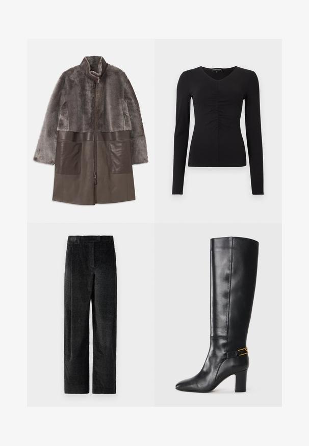 Hnedá umelá kožušina a kožená bunda so zipsovým zapínaním, vysokým golierom a veľkými prednými vreckami. Mäkká textúra a vrstvený design.; Čierny dlhý rukáv s výstrihom do V a zhromaždeným detailom vpredu, vyrobený z hladkej látky. Priliehavý strih a minimalistický dizajn.; Čierne, textúrované nohavice s širokými nohavicami a výrazným tkaním, s prednými skladmi a plochým pásom. Klasický dizajn pre všestrannosť.; Čierne kožené čižmy po kolená s špicatou špičkou a masívnym podpätkom. Obsahujú zlatú akcentovú pracku okolo členka. Hladký povrch.