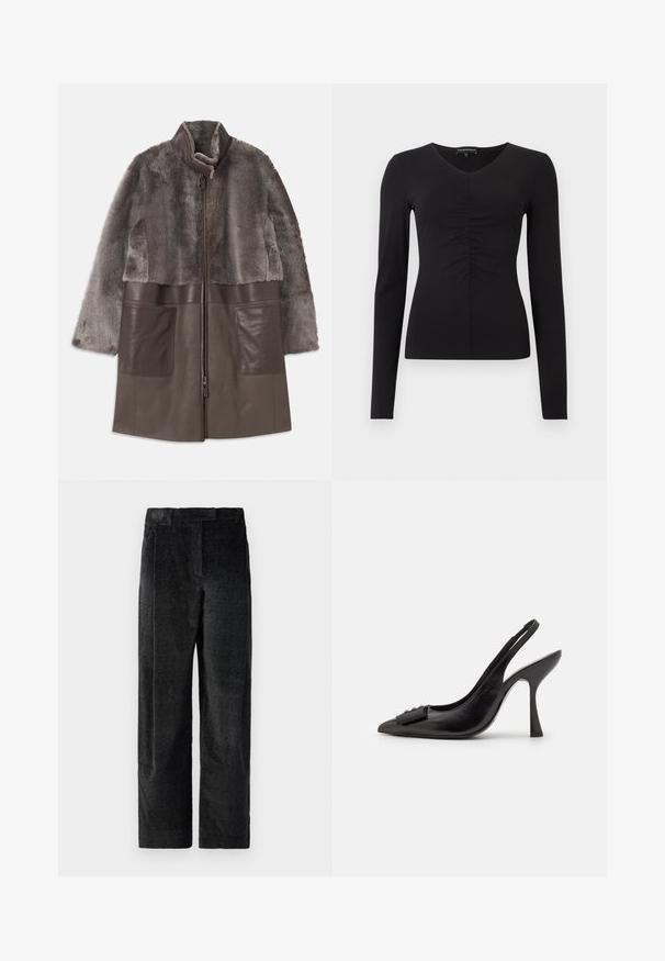 Barna műszőrme és bőr dzseki, cipzáras záródással, magas gallérral és nagy elülső zsebekkel. Puha tapintás és rétegzett kialakítás.; Fekete, hosszú ujjú felső V-nyakkivágással és az elején gyűrt részlettel, sima anyagból készült. Testhez simuló sziluett és minimalista dizájn.; Fekete, textúrált, bő szárú nadrág, hangsúlyos szövettel, elülső redőkkel és lapos derékpánttal. Klasszikus dizájn, amely sokoldalúságot biztosít.; Fekete bőr pántos cipő hegyes orral, karcsú magas sarkával és dekoratív masnival. Simaság és elegáns dizájn.