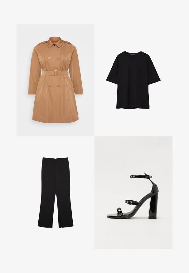 Beżowy trench coat z podwójnym zapięciem, ramiennymi pagonami, paskiem w talii i bocznymi kieszeniami. Gładki, wodoodporny materiał.; Czarna bawełniana koszulka z luźnym krojem, krótkimi rękawami, okrągłym dekoltem i gładką fakturą. Bez widocznych wzorów ani akcentów.; Czarne spodnie o prostym kroju, z przednimi kieszeniami i bocznymi rozcięciami na dole. Wykonane z miękkiego, gładkiego materiału. Odpowiednie na różne okazje.; Czarne lakierowane sandały na obcasie z kwadratowym noskiem, z paskami wokół kostki i srebrnymi klamrami. Posiadają masywny słupek dla stabilności.