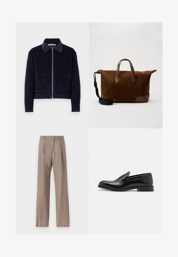 Navy corduroy jacket with a zip closure, classic collar, two front pockets, and a cropped design. Textured fabric with wide ribbing.; White long-sleeve button-up shirt made of cotton, featuring a chest pocket with tonal embroidery, a collar, and button cuffs.; Brown, high-waisted trousers made of textured fabric. Features wide legs and two front pleats for structure. Neat finish with no visible hardware.; Black leather loafers with a smooth texture, rounded toe, and a decorative strap across the vamp. Low stacked heel, minimalist design.; Brown suede duffel bag with dark leather accents, dual top handles, adjustable shoulder strap, and sturdy zip closure.