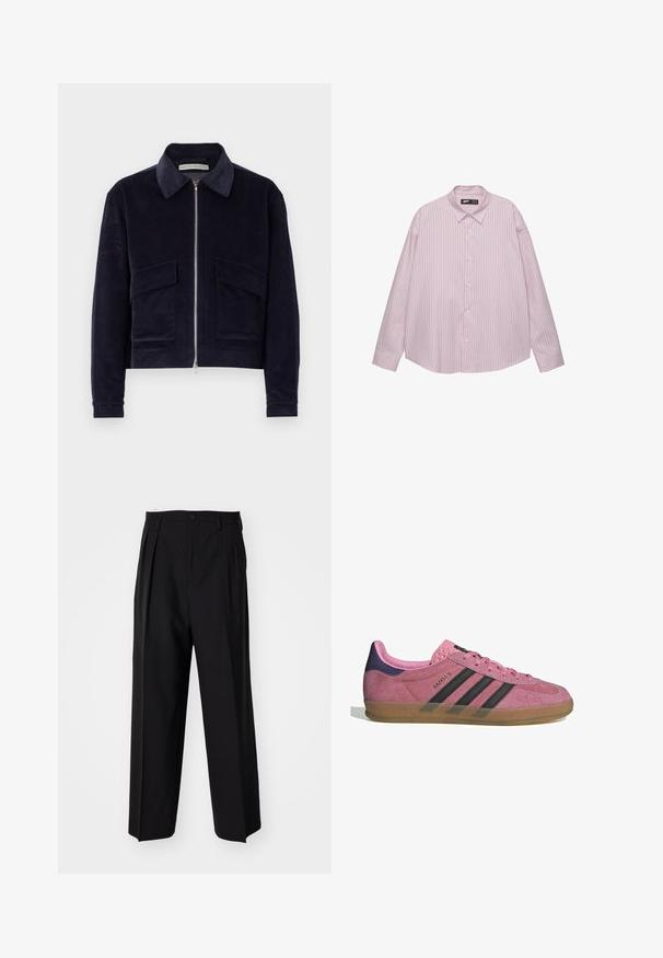 Laivastonsininen corduroy-takki, jossa on vetoketjusuljenta, perinteinen kauluskieleke, kaksi etutaskua ja lyhyt muotoilu. Teksturoitu kangas, jossa on leveät urat.; Vaaleanpunainen nappipaita, jossa on pystysuunnassa sinisiä raitoja, kauluspäällinen, pitkät hihat ja löysä istuvuus. Valmistettu sileästä kankaasta, jossa on hieno kiilto.; Mustat laskostetut housut, joissa on suora, leveä lahje. Valmistettu sileästä kankaasta, jossa on nappisuljenta ja vyölenkit.; Vaaleanpunaiset mokkanahkakengät mustilla raidoilla, kumipohjalla ja teksturoidulla purppurakorkealla. Varustettu nauhakiinnityksellä ja kohokuvioidulla brändäyksellä sivussa.