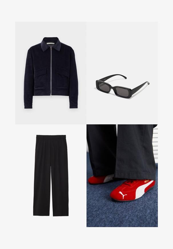 Marineblauwe corduroy jas met een ritsluiting, klassieke kraag, twee frontzakken en een cropped ontwerp. Textiel met een gestructureerde stof en brede ribbels.; Witte t-shirt met korte mouwen van katoen, met een ronde hals en een relaxte fit met rechte zoom. Geen patronen of versieringen.; Zwarte wijde broek met geplooide voorkant, zijzakken en een gladde stoftextuur. Ontworpen voor een ontspannen pasvorm.; Rode suède sneakers met witte accenten, met een textuurmateriaal, ronde neus en een gouden logo aan de zijkant, gedragen met zwarte broek.; Zwarte rechthoekige zonnebril met donkere lenzen, glanzende afwerking, brede pootjes en een robuust frameontwerp. Gegraveerde merknaam op één van de pootjes.; Bruine leren reistas van suède met donkere leren accenten, dubbele handvatten aan de bovenkant, een verstelbare schouderband en een stevige ritssluiting.; Zilveren roestvrijstalen quartzhorloge met een zwart rechthoekig uurwerk, voorzien van analoge wijzers, digitale weergave en het label voor waterbestendigheid.