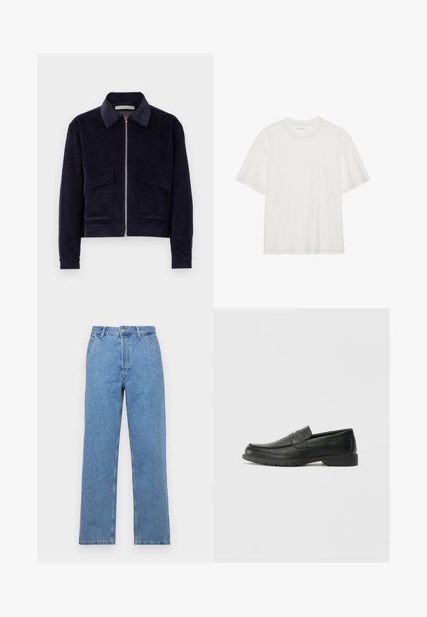 Casaco de veludo cotelê azul-marinho com fecho éclair, gola clássica, dois bolsos frontais e um design encurtado. Tecido texturizado com canaletas largas.; T-shirt branca em algodão com mangas curtas, decote redondo e detalhe de costura em contraste à volta do decote e das mangas.; Jeans de denim azul claro com corte reto e design clássico de cinco bolsos, apresentando um fecho frontal por botão e passantes para cinto. Textura suave.; Sapatos mocassins de couro preto com acabamentos lisos, parte superior em estilo mocassins, detalhes em costura e sola de borracha. Design clássico com um salto baixo.