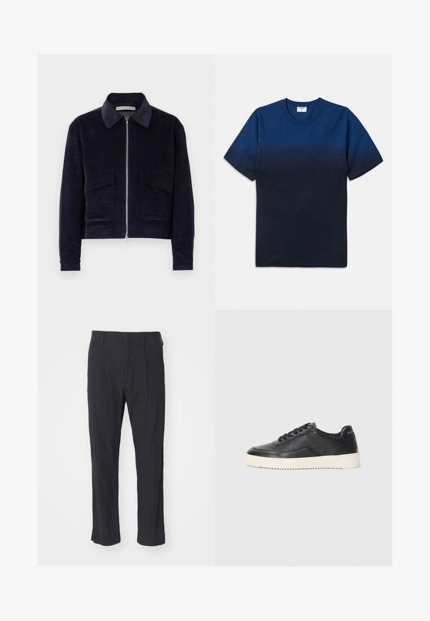 Mornarska kordna jakna z zadrgo, klasičnim ovratnikom, dvema sprednjima žepoma in skrajšanim dizajnom. Teksturna tkanina z širokimi rebri.; Mornarsko modra bombažna majica s krožnim izrezom, kratkimi rokavi in subtilnim gradientnim vzorcem, ki prehaja od svetlejših do temnejših odtenkov.; Črne pliseerane hlače z teksturirano tkanino, ki imajo ravno nogo in standarden pas. Brez vidnih žepov ali dodatkov.; Črne usnjene superge z teksturiranim zaključkom, okroglo konico in ravnim belim gumijastim podplatom. Imajo črne vezalke in označbo na peti.