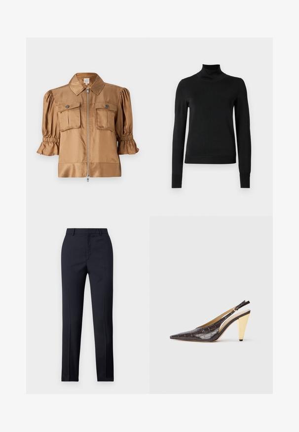 Jakna s kratkimi rokavi iz svetlo rjave satenske tkanine. Ima zadrgo, dva žepa na prsih in zbrane detajle na rokavih za dodano teksturo.; Črni pulover s dolgimi rokavi in vratnikom, z rebrastimi манжетами in robom, prikazan na enobarvni beli podlagi.; Zadnje hlače v mornarično modri barvi s ravnim krojem, ki imajo gladko teksturo, dve sprednji žepki in čisto pasnico.; Slingback peto s koničastim nosom, v temno rjavi sijoči umetni krokodilji usnjeni različici. Ima zlate geometrijske pete in nastavljiv ankel trak.