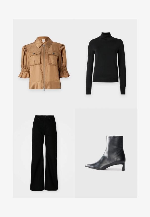 Short-sleeve jacket in light brown satin. Features a zip closure, two chest pockets, and gathered detail on sleeves for added texture.; Black long-sleeve turtleneck sweater with ribbed cuffs and hem, displayed on a plain white background.; Black wide-leg trousers made of denim fabric. Features a fitted waist, front pockets, and a button closure. Smooth texture with minimal detailing.; Black leather ankle boot with a pointed toe and a sleek design. Features a low heel and a zipper closure at the back. Smooth texture.