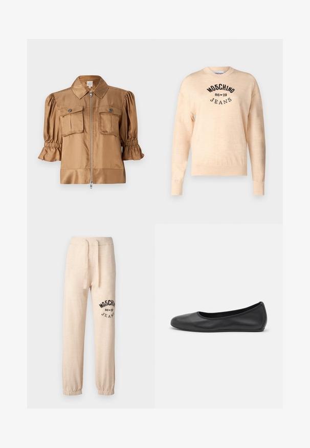 Krátká bunda s krátkým rukávem z hladkého saténu v světle hnědé barvě. Obsahuje zipový uzávěr, dvě náprsní kapsy a na rukávech zřasené detaily pro přidanou texturu.; Světle béžový svetr vyrobený z měkkého pleteného materiálu, s kulatým výstřihem, dlouhými rukávy a černě vyšívaným logem s textem "Moschino Jeans."; Beige tepláky s elastickými manžetami a pásem. Na levém stehně se nachází černý potisk s logem "MOSCHINO 86 ❤ 23 JEANS". Měkká textura.; Černé kožené baletní byty s kulatou špičkou, hladkou texturou, minimálními švy a flexibilním designem podrážky.