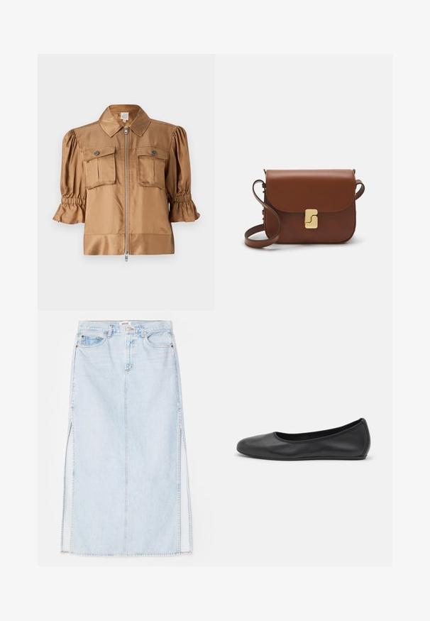 Short-sleeve jacket in light brown satin. Features a zip closure, two chest pockets, and gathered detail on sleeves for added texture.; Black short-sleeve T-shirt made of soft cotton, featuring a round neckline and a smooth, even texture with a minimal design.; Light blue denim maxi skirt with a straight cut, featuring side slits and five-pocket design. Prominent stitching and metal button closure.; Black leather ballet flat with a rounded toe, smooth texture, minimal stitching detail, and a flexible sole design.; Brown leather handbag with a flap closure, gold-tone hardware, a shoulder strap, and a smooth texture. Compact rectangular shape.