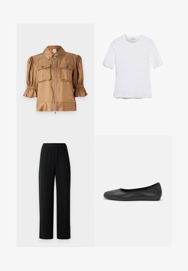 Kortærmet jakke i lysbrun satin. Har lynlås lukning, to brystlommer og samlet detalje på ærmerne for ekstra tekstur.; Hvid kortærmet t-shirt lavet af ribbet stof. Rund halsudskæring, almindelig pasform og subtile syninger. Ingen mønstre eller grafik.; Sorte vide bukser lavet af glat stof med en elastisk talje. Har en lige pasform og minimal pynt. Velegnet til afslappet brug.; Sort læderballetsko med rund tå, glat tekstur, minimal syning og et fleksibelt såldesign.