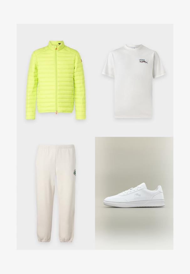 Padded jacket v jasně neonově žluté barvě, s vysokým límcem, vertikálním prošíváním a předním zipem s oranžovým táhlem.; Bílá bavlněná tričko s kulatým výstřihem, krátkými rukávy a malým vyšitým logem zobrazujícím hory a text na levé straně hrudi.; Světle béžové tepláky vyrobené z bavlny, s elastickým pasem, žebrovanými náplety a zeleným logem s designem listu na levé noze.; Bílé kožené tenisky s kulatou špičkou, šněrováním a nízkým profilem podešve. Mají perforované detaily a embosované logo.