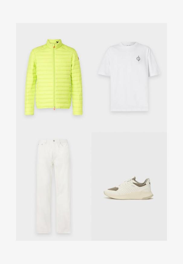 Giacca imbottita di un brillante giallo neon, con colletto alto, design a trapezio verticale e zip frontale con un pomello arancione.; T-shirt in cotone bianco con vestibilità rilassata, presenta un piccolo logo grafico nero nella zona sinistra del petto. Maniche corte, collo a giro.; Jeans in denim bianco con gamba dritta, chiusura a bottone e cerniera, design a cinque tasche e senza motivi o dettagli visibili.; Sneaker atletica bianca e beige chiaro, con tomaia in mesh, dettagli perforati e una suola intermedia texturizzata con marchio sul tallone.