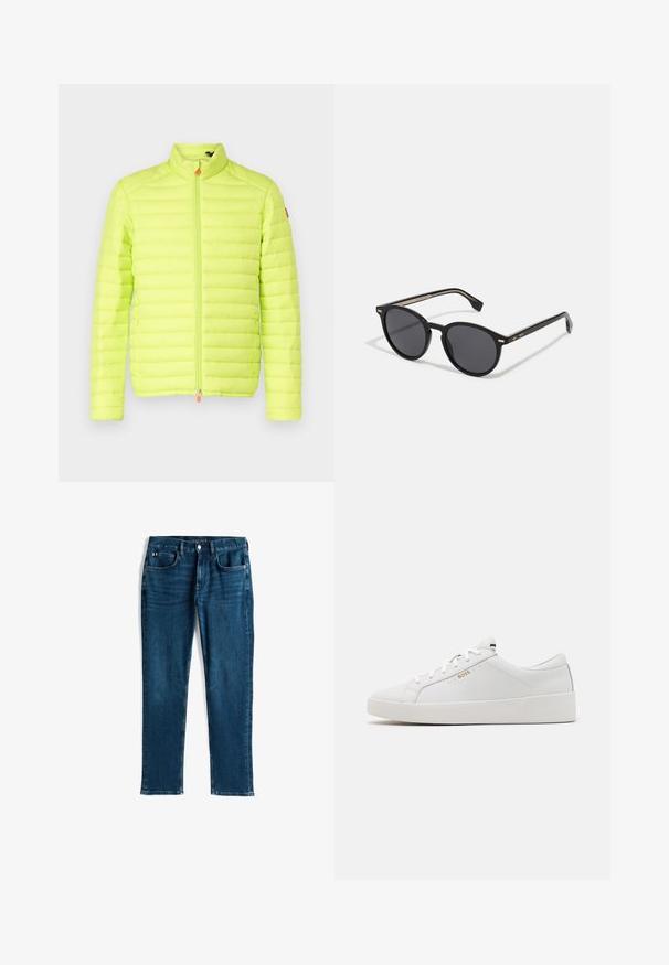 Padded jacket in bright neon yellow, featuring a high collar, vertical quilted design, and a front zipper with an orange pull tab.; Red cotton t-shirt with short sleeves, crew neck, and a small logo on the left chest. Smooth texture and regular fit.; Dark blue denim jeans, straight leg design, five-pocket style, with subtle whiskering and contrast stitching, metallic button and zipper closure.; BOSS BELWAR - Trainers - white; BOSS Sunglasses - black
