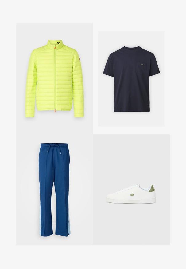 Puchowa kurtka w jaskrawym neonowym żółtym kolorze, z wysokim kołnierzem, poziomym pikowaniem i przednim zamkiem błyskawicznym z pomarańczowym uchwytem.; Granatowa bawełniana koszulka z okrągłym dekoltem i krótkimi rękawami. Ma małe zielone logo na lewej kieszeni na piersi. Miękka w dotyku.; Granatowe spodnie sportowe wykonane z miękkiej tkaniny, z elastycznym paskiem na sznurku i jasnoniebieskimi bocznymi panelami z delikatnym wzorem.; Białe sneakersy o gładkiej fakturze, z zielonym akcentem na pięcie i małym wyhaftowanym logo krokodyla z boku.