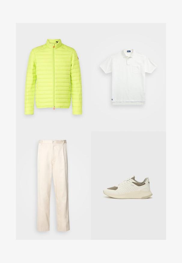 Dúchajúca bunda v jasne neónovej žltej farbe, so šikmým golierom, vertikálnym prešívaním a predným zipsom s oranžovým ťažítkom.; Biela polo tričko vyrobené z bavlny, s klasickým golierom, trojbuttonovou légou a vreckom na ľavej hrudi; malé logo na spodnom leme.; Béžové bavlnené nohavice so strihom rovného nohu, s gombíkovým zapínaním a záhybmi vpredu pre pridanie detailu.; Biele a svetlo béžové športové tenisky s hornou časťou z mriežkového materiálu, perforovanými detailmi a textúrovanou medzipodrážkou s logom na päte.