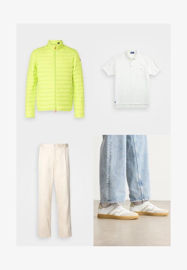 Párnázott dzseki élénk neon sárgában, magas gallérral, függőleges steppelt dizájnnal, elülső cipzárral és narancssárga húzózsinórral.; Fehér pólóing, pamutból készült, klasszikus gallérral, háromgombos végigfutóval és bal oldali zsebével; kis logó a szegélyen.; Beige pamut nadrág egyenes szárú kivágással, gombos záródással és elülső redőkkel a részletek fokozása érdekében.; Fehér sportcipő bézs velúr részletekkel és világos gumitalppal; alacsony szárú kialakítással és texturált részletekkel az üstön.