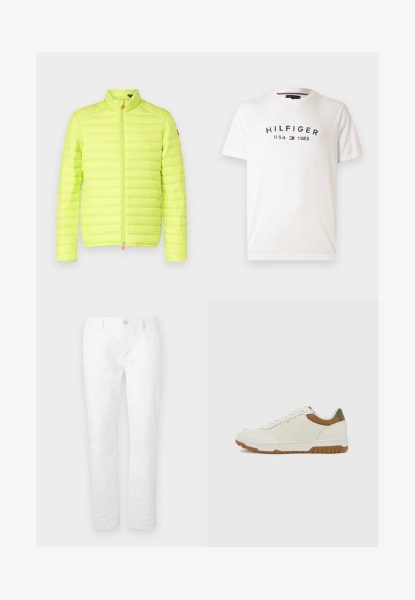 Párnázott dzseki élénk neon sárgában, magas gallérral, függőleges steppelt dizájnnal, elülső cipzárral és narancssárga húzózsinórral.; Fehér pamut póló, kerek nyakkal, rövid ujjakkal, a középen elhelyezett "HILFIGER USA 1985" felirattal navy kék színben, piros és kék emblémával.; Fehér pamut nadrág egyenes szárú fazonnal, gombos záródással, övhurkokkal, és látható minták vagy díszítések nélkül.; Tommy Hilfiger BASKET CORE - Sportcipő - ecru/army green