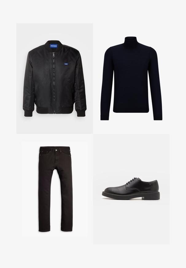 HUGO BALCI - Bomber Jacket - black; Dark navy turtleneck sweater made of fine knit fabric, featuring long sleeves and a fitted, high neckline. No visible patterns or accents.; Black slim-fit jeans with five pockets and button closure, displayed flat on a white background.; Black leather lace-up shoe with a rounded toe, smooth texture, minimal stitching, and a low rubber heel. Logo on the heel.