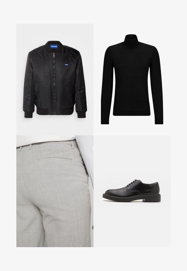 HUGO BALCI - Bomber Jacket - black; Black turtleneck sweater made of soft material, featuring long sleeves and a snug fit. Ribbed trim at the hem and cuffs. Simple design.; Light gray tailored trousers made of textured fabric, featuring a single back pocket and clean stitching.; Black leather lace-up shoe with a rounded toe, smooth texture, minimal stitching, and a low rubber heel. Logo on the heel.