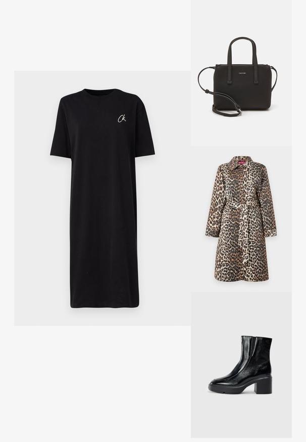 Manteau à imprimé léopard avec taille ceinturée, manches longues et col classique. Fabriqué à partir d'un tissu lisse et structuré avec une finition brillante.; Robe t-shirt noire en coton, avec un col rond et des manches courtes. Petit logo "CK" blanc sur la poitrine gauche.; Bottines en cuir verni noir avec un bout arrondi, des panneaux latéraux en élastique et un talon épais. Comprend un logo embossé à l'arrière.; Sac à main noir avec deux poignées courtes et une bandoulière amovible. Matière lisse semblable à du cuir avec une fermeture éclair et un détail de logo.