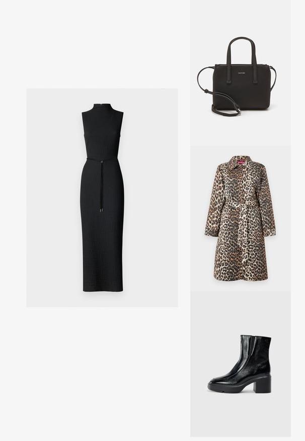Kaputza z leopardjim vzorjem z pasom, dolgimi rokavi in klasičnim ovratnikom. Narejena iz gladkega, strukturiranega blaga z lesketajočo se površino.; Črna brezrokavna obleka z visokim izrezom, teksturirano tkanino, prilegajoč silhueto in pasom z ovalnim poudarkom.; Črne lakirane gležnjarje z ukrivljenim nosom, elastičnimi stranskimi paneli in debelim blokastim peto. Imajo vtisnjen logotip na zadnjem delu.; Črna torbica z dvema kratkima ročajema in odstranljivim naramnim trakom. Gladek usnju podoben material z zadrgo in podrobnostmi z logotipom.