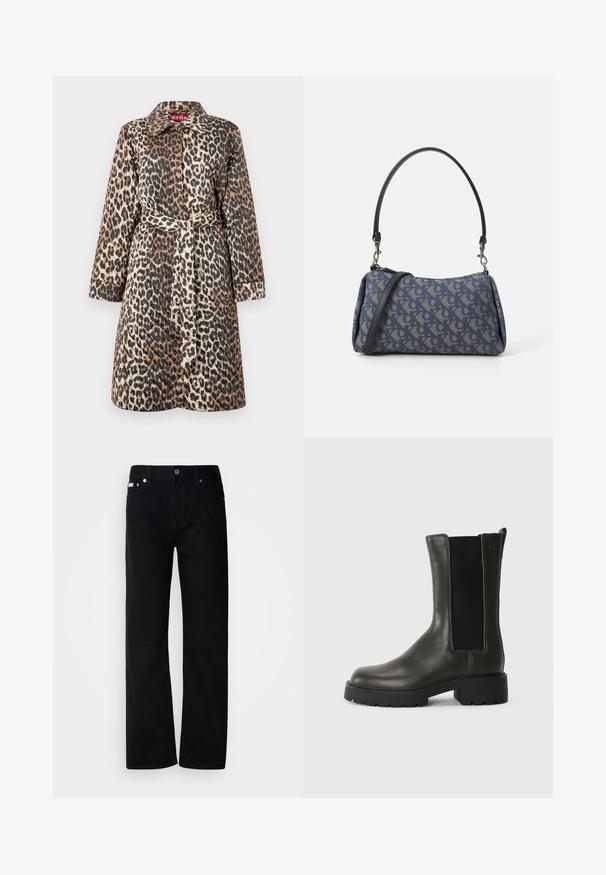 Cappotto animalier con vita regolabile, maniche lunghe e colletto classico. Realizzato in un tessuto liscio e strutturato con una finitura lucida.; T-shirt nera in cotone con colletto rotondo, maniche corte e logo ricamato blu "Calvin Klein JEANS" sul davanti.; Pantaloni in denim nero a gamba dritta con cinque tasche, rivetti argentati e chiusura con bottone. Il tessuto ha una finitura liscia e leggermente testurizzata.; Stivale alla caviglia in pelle verde con pannelli laterali elasticizzati, punta arrotondata e suola in gomma. Presenta una finitura testurizzata e un tacco a blocco.; Borsa a tracolla blu con motivo, realizzata in tessuto, caratterizzata da una forma curva, una tracolla in pelle nera e un logo in una tonalità più chiara.