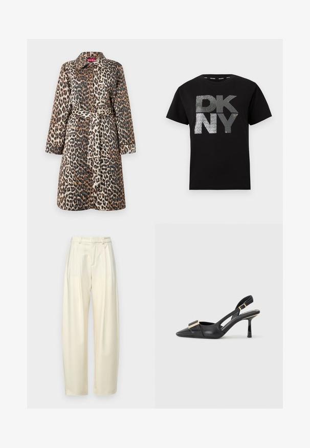 Leopardenmuster Mantel mit tailliertem Design, langen Ärmeln und klassischem Kragen. Hergestellt aus einem glatten, strukturierten Stoff mit glänzendem Finish.; Schwarzes Baumwoll-T-Shirt mit großem silbernen Glitzertext "DK NY" auf der Vorderseite. Klassischer Rundhalsausschnitt und kurze Ärmel. Glatte Textur.; Plissierte, hoch taillierte Hose aus leichtem Creme-Stoff. Verfügt über einen geraden Schnitt und eine glatte Textur. Keine Taschen oder sichtbare Beschläge.; Schwarzer Leder-Slingback-Schuh mit spitzem Zehenbereich, schlankem Absatz und goldfarbener Hardware-Akzent am Vorderfuß. Glatte Textur und strukturierte Form.