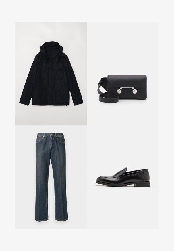 Giacca impermeabile di un blu navy scuro con cappuccio, due ampie tasche frontali, chiusura a zip e polsini regolabili; presenta una texture liscia e lucida.; Maglione lavorato a maglia color crema con colletto polo, polsini e orlo a coste, dotato di patta frontale e texture morbida.; Jeans in denim blu scuro a gamba dritta con bottone frontale, zip, doppie tasche anteriori e pieghe verticali visibili lungo le gambe.; Mocassini neri in pelle con una texture liscia, punta arrotondata e una striscia decorativa sulla tomaia. Tacco basso impilato, design minimalista.; Borsa a tracolla in pelle nera con chiusura a patta, hardware in tonalità argento e due accenti tondi. Dotata di una tracolla removibile. Texture liscia.