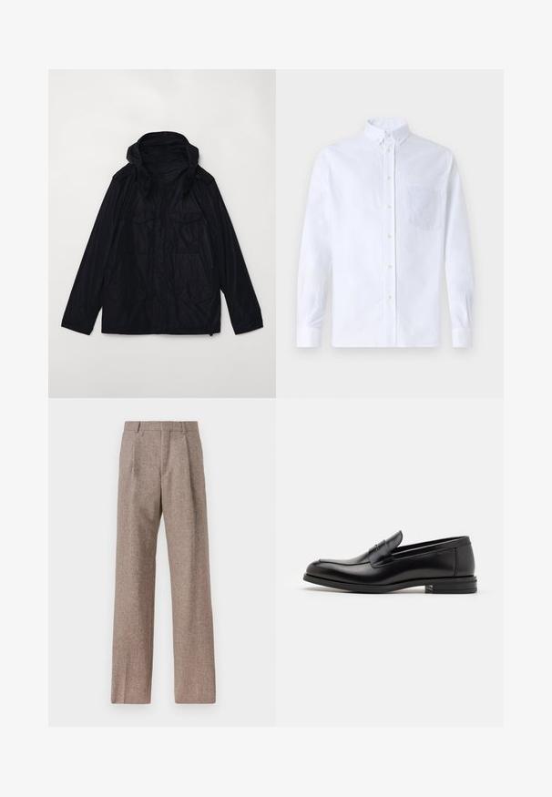 Dark navy waterproof jacket with a hood, two large front pockets, zip closure, and adjustable cuffs; features a smooth, shiny texture.; White long-sleeve button-up shirt made of cotton, featuring a chest pocket with tonal embroidery, a collar, and button cuffs.; Brown, high-waisted trousers made of textured fabric. Features wide legs and two front pleats for structure. Neat finish with no visible hardware.; Black leather loafers with a smooth texture, rounded toe, and a decorative strap across the vamp. Low stacked heel, minimalist design.