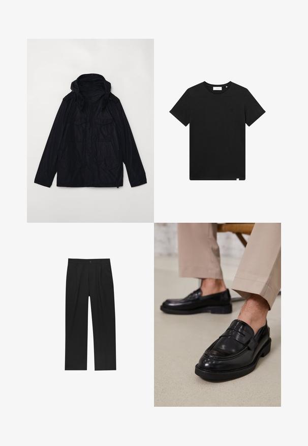 Dunkelblau wasserdichte Jacke mit Kapuze, zwei großen Vorderaschen, Reißverschluss und verstellbaren Manschetten; zeichnet sich durch eine glatte, glänzende Textur aus.; Schwarzes T-Shirt mit kurzen Ärmeln aus Baumwolle, mit Rundhalsausschnitt und einem kleinen, auf der Brust gestickten Logo. Glatte Textur, normale Passform.; Schwarze Hose mit geradem Schnitt, aus einem glatten Stoff gefertigt. Verfügt über Vorderfalten und einen einzelnen Knopfverschluss an der Taille.; Schwarze Lederloafers mit glatter Oberfläche, ausgestattet mit einem dekorativen Riemen und Kontrastnähten, kombiniert mit beigen Hosen.