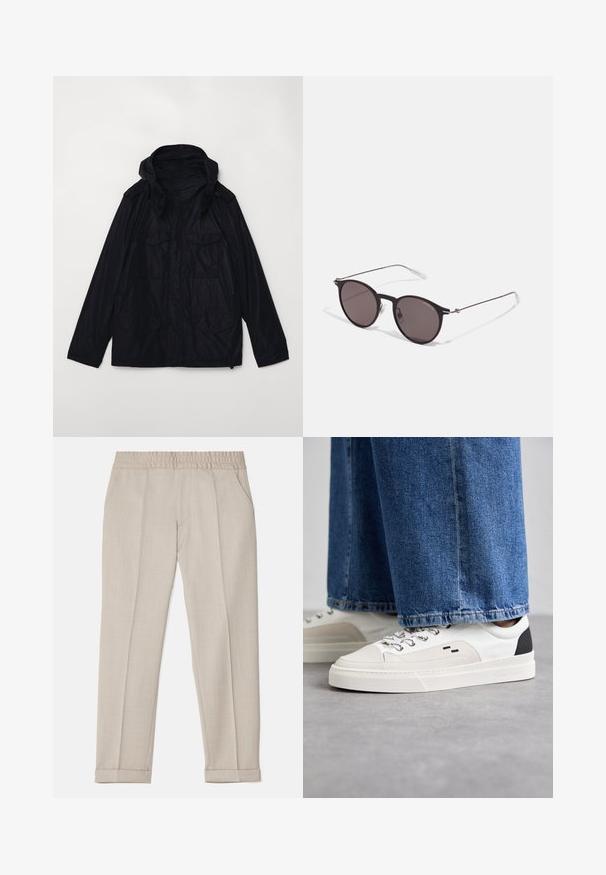 Ciemnoniebieska wodoodporna kurtka z kapturem, dwiema dużymi kieszeniami z przodu, zapięciem na zamek i regulowanymi mankietami; charakteryzuje się gładką, błyszczącą fakturą.; Czarny bawełniany T-shirt z okrągłym dekoltem, krótkimi rękawami oraz białym logo "EMPORIO ARMANI" nad napisem "Milano" w zakrzywionym kształcie.; Filippa K TERRY szary; Białe i czarne sneakersy z gładką skórzaną cholewką, teksturowanymi akcentami oraz masywną białą podeszwą. Posiadają klasyczny system sznurowania.; Czarne okrągłe okulary przeciwsłoneczne z ciemnymi soczewkami i smukłymi metalowymi ramkami. Zawierają przezroczyste końcówki zauszników oraz srebrne akcenty przy zawiasie. Minimalistyczny design.