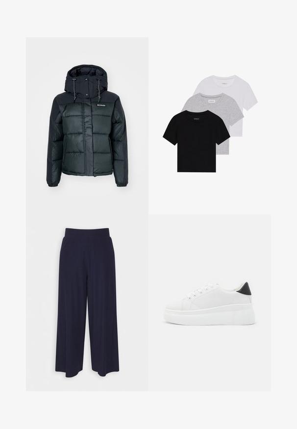 Pufasta jakna v temno zeleni in črni barvi, ki ima kapuco, elastične manšete in zadrgo spredaj. Tkanina ima gladko, vodoodporno teksturo.; Komplet treh majic s kratkimi rokavi v črni, sivi in beli barvi. Izdelane iz bombaža, z okroglim izrezom in preprostim, enobarvnim dizajnom.; Široke hlače iz temno modrega blaga z rebrasto teksturo. Imajo gladek pas in tekoč silhueto, ki seže do sredine tele.; Bele platform tenisice izdelane iz gladkega sintetičnega materiala, z zaobljenim prstom, sistemom vezalk in teksturiranim gumijastim podplatom. Črn dodatek na peti.