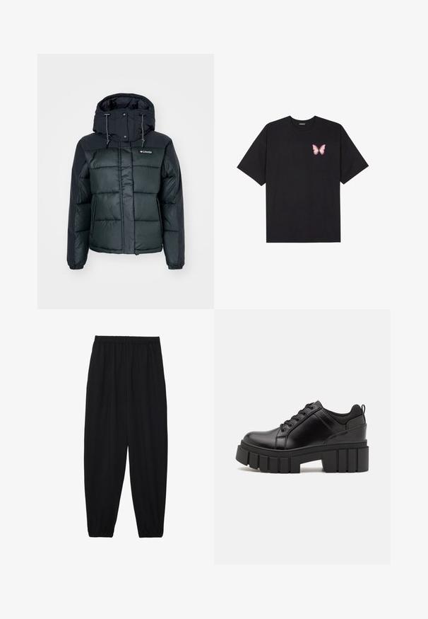 Pufferjakke i mørkegrønn og svart, med hette, elastiske ermer og glidelås foran. Stoffet har en glatt, vannavvisende tekstur.; Svart bomulls T-skjorte med korte ermer, med en liten rosa sommerfugl grafikk på venstre bryst. Crew-neck design med en avslappet passform.; Svarte, lette bukser med elastisk liv og rynkede ankler. Stoffet er glatt og har en avslappet, innsvingt design.; Svarte lærplattformsko med kraftig blokkhell, rund tå og tradisjonell snøring. Har en jevn tekstur og minimal detaljering.
